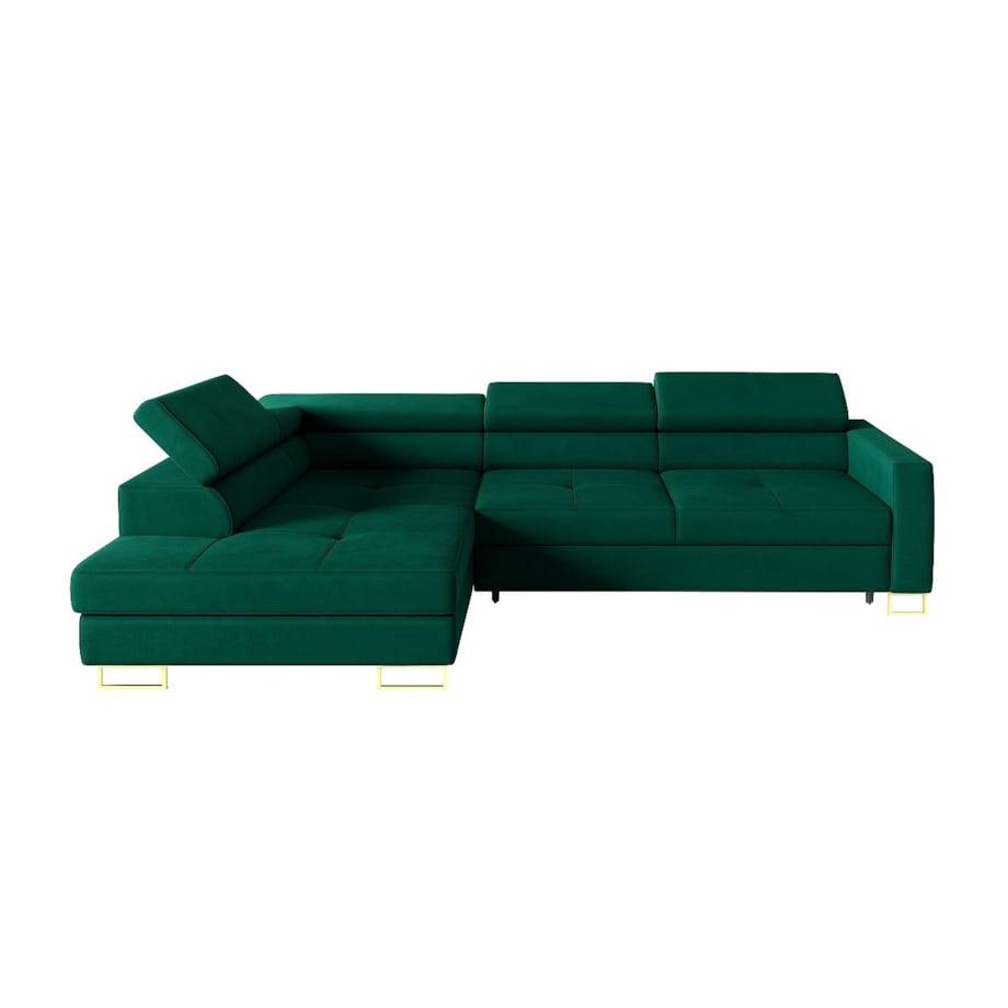 Narożnik rozkładany MERY z regulowanymi zagłówkami na złotych nóżkach lewy