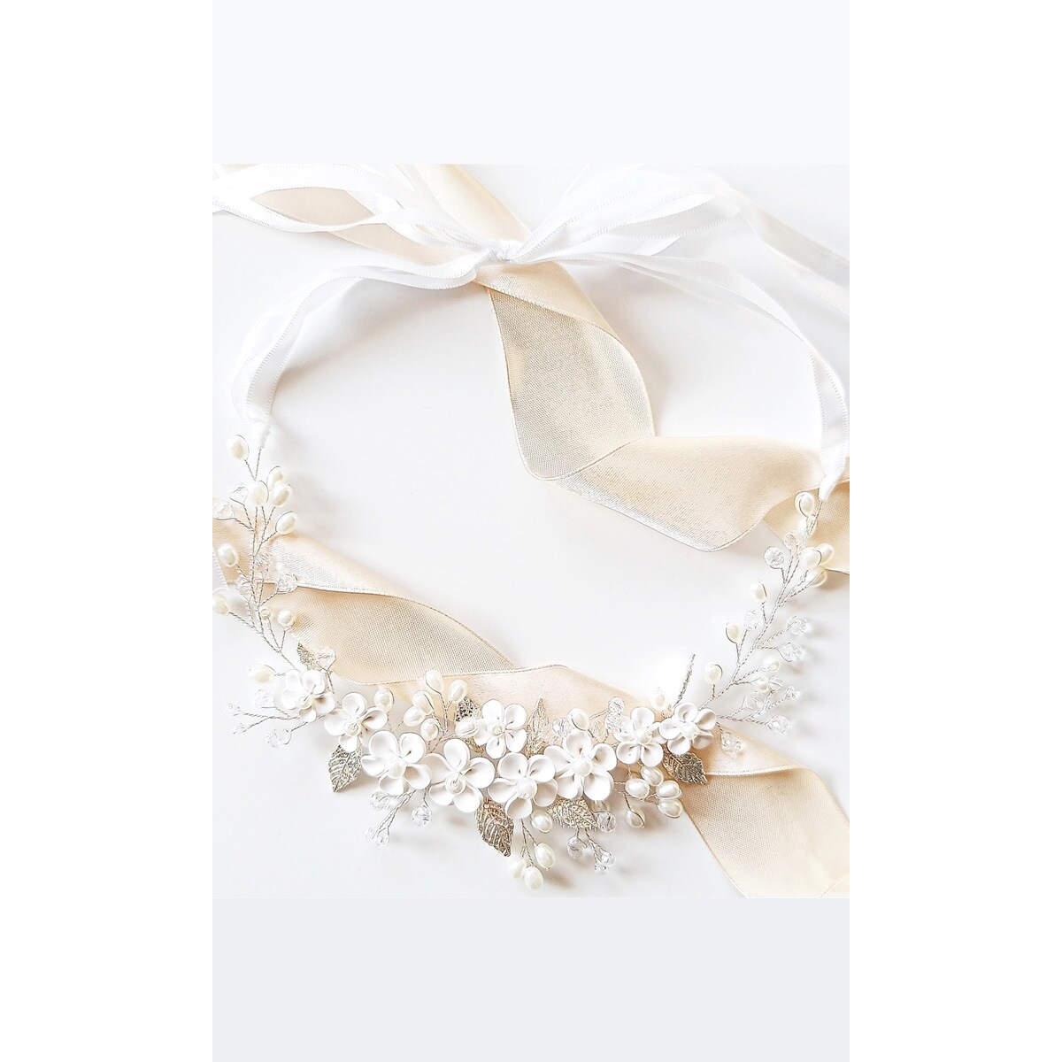 SREBRNY wianek na głowę damski kwiaty perły kryształki koraliki trend boho