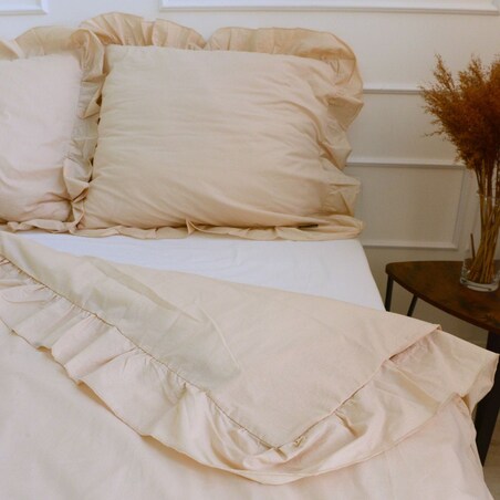 Pościel Bawełniana Z Falbanką Zestaw Komplet Do Sypialni Beżowa Dziecięca 140X200 Cm + Poduszka 70X80 Cm