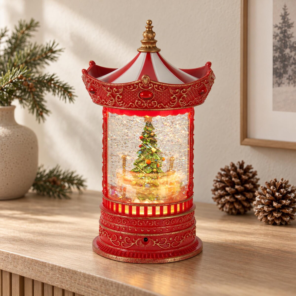 Karuzela świąteczna z wodą i brokatem, podświetlenie LED, 15,5 x 15,5 x 26 cm