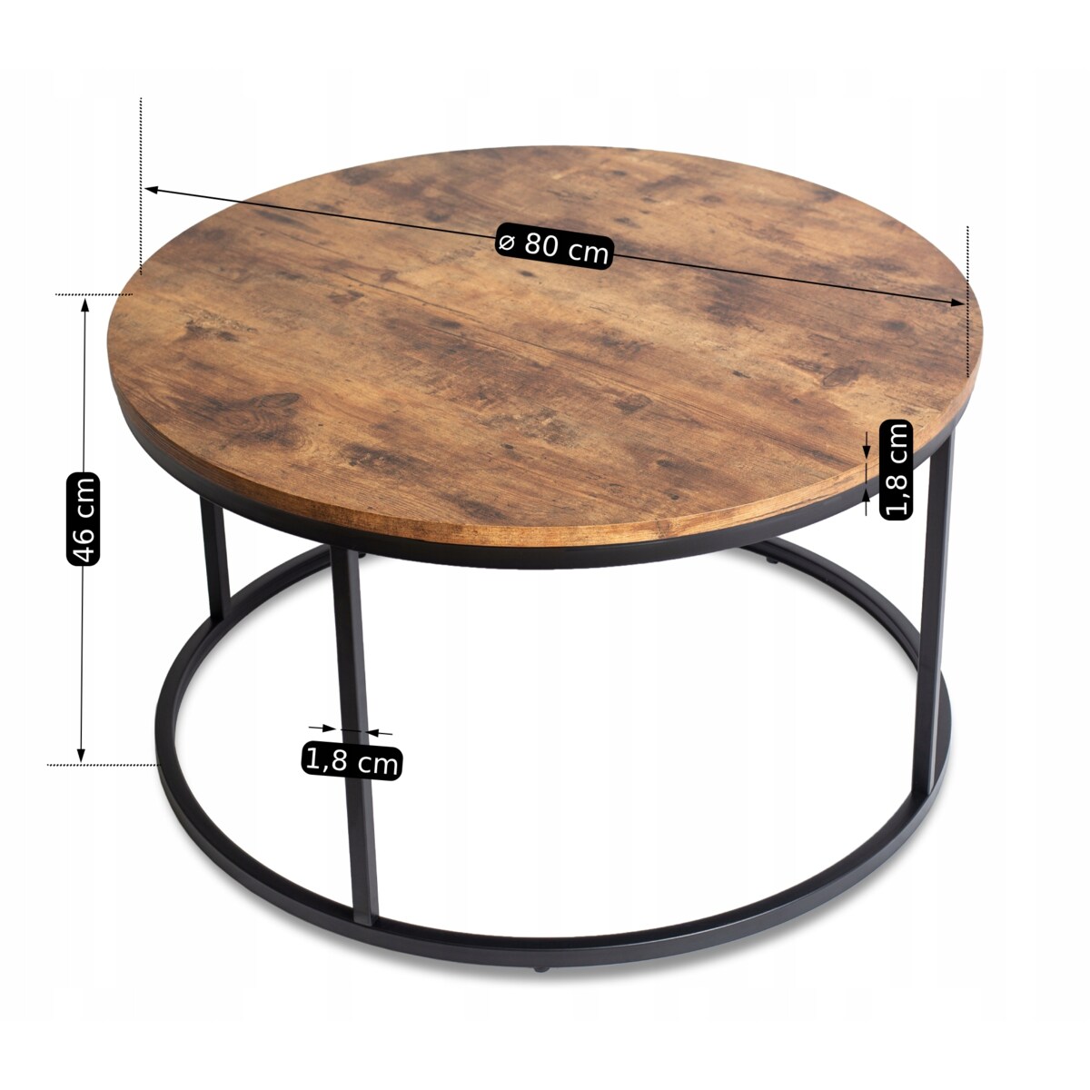 Stolik Kawowy Okrągły Loft Dąb Rustykalny Czarny TIM MAX