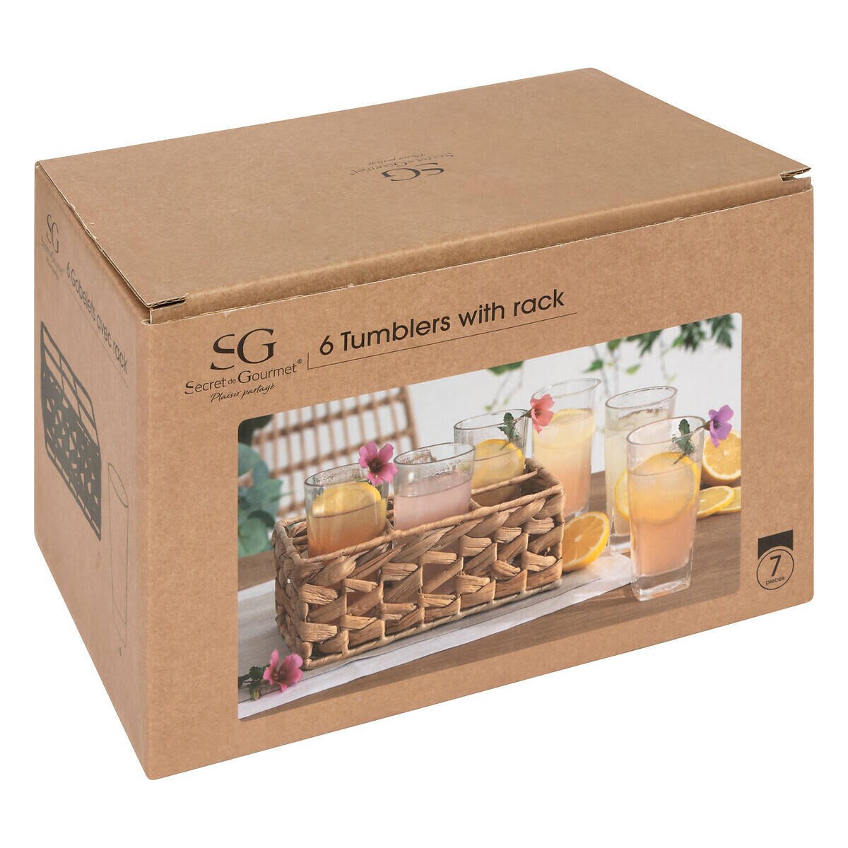 Szklanki do drinków, napojów w plecionym koszyku, 6 sztuk