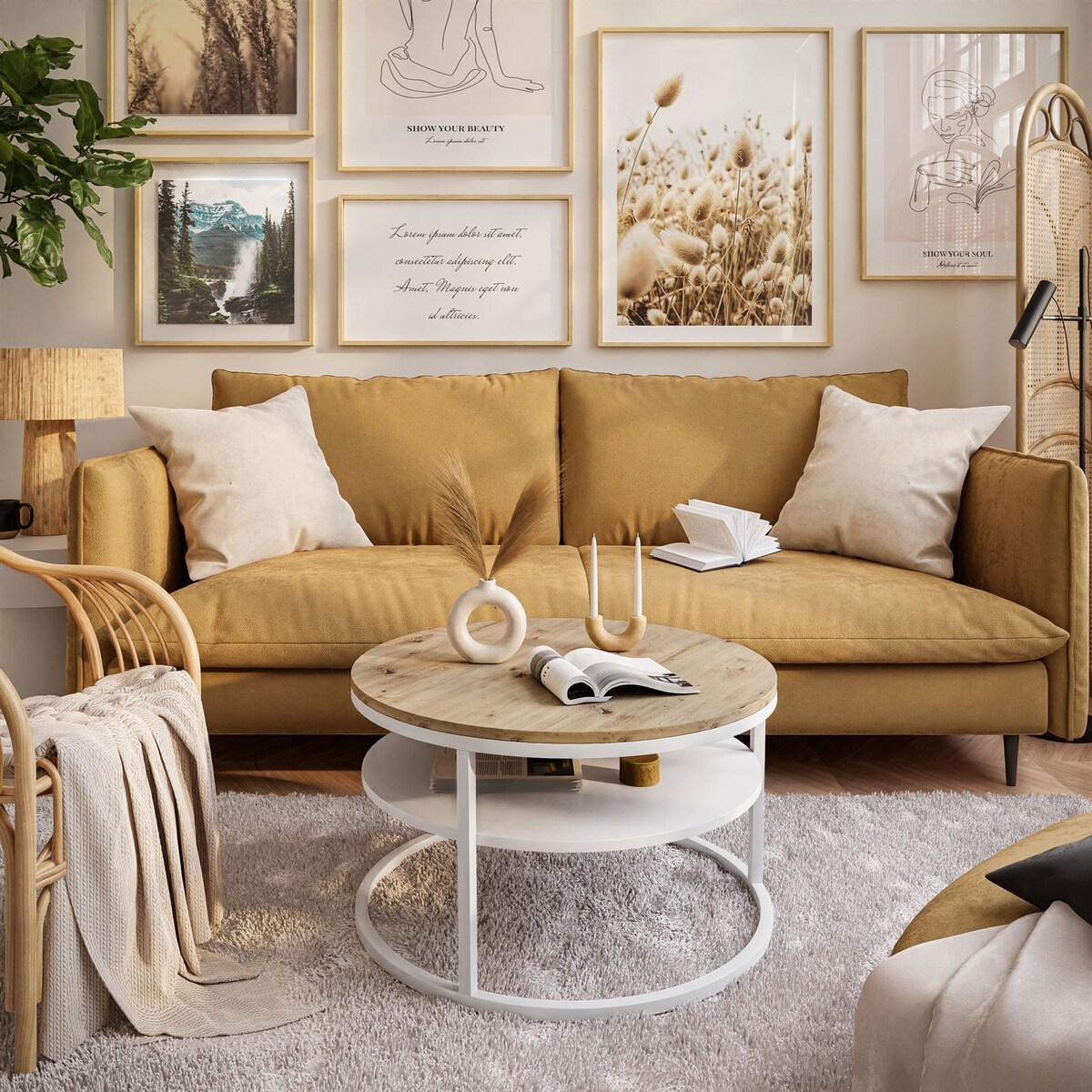 Stolik kawowy CIRI z półką biały dąb artisan