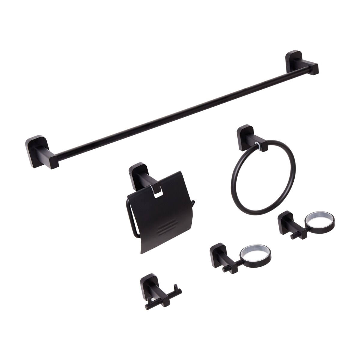 Zestaw akcesoriów toaletowych 6 elementów POCONE Z uchwytami i haczykami na ręczniki Czarny