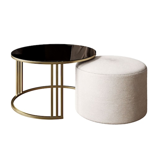 Stolik kawowy z pufą LORI GLASS złoto szczotkowane, czarne szkło / Perfect Harmony 01