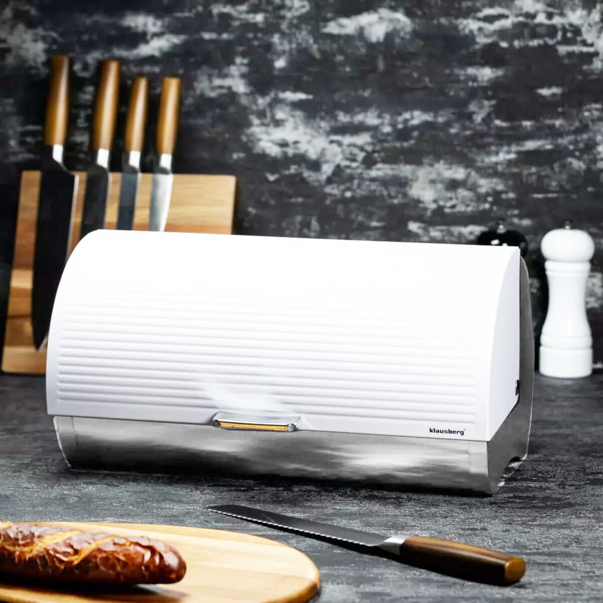 Chlebak stalowy pojemnik na chleb pieczywo bułki biały KLAUSBERG
