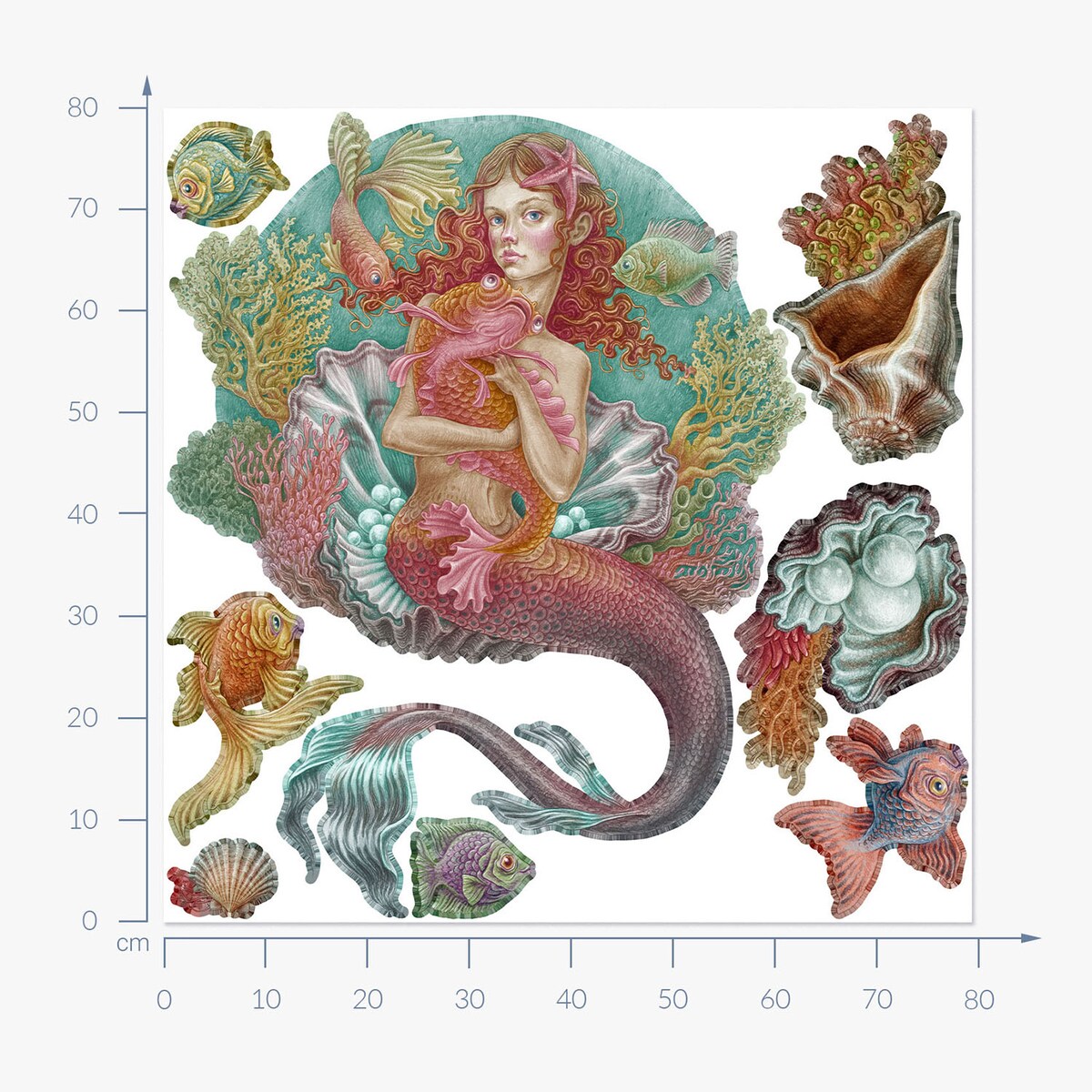 Zestaw naklejek na ścianę, Syrena świat rysunkowy, 80cm