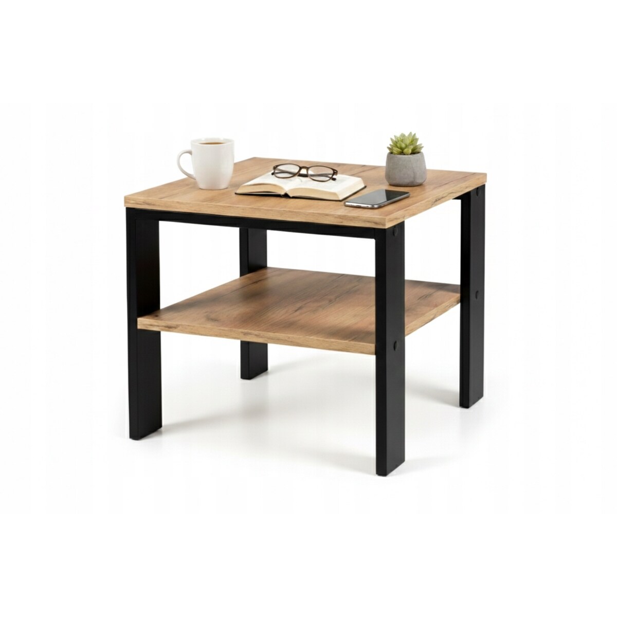 Stolik Kawowy Ława Loft Industrialny Dąb Złoty Craft Czarny Stelaż Półka
