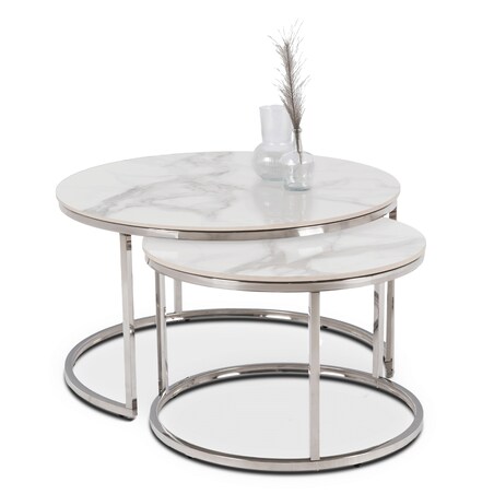 Stolik Kawowy Okrągły Zestaw 2w1 Ława Glamour Marmur Biały AMARA MAX