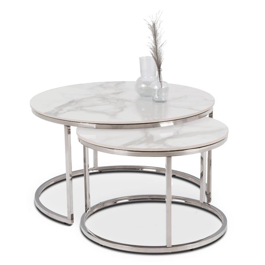 Stolik Kawowy Okrągły Zestaw 2w1 Ława Glamour Marmur Biały AMARA MAX