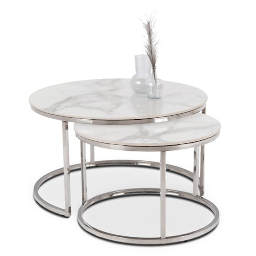 Stolik Kawowy Okrągły Zestaw 2w1 Ława Glamour Marmur Biały AMARA MAX