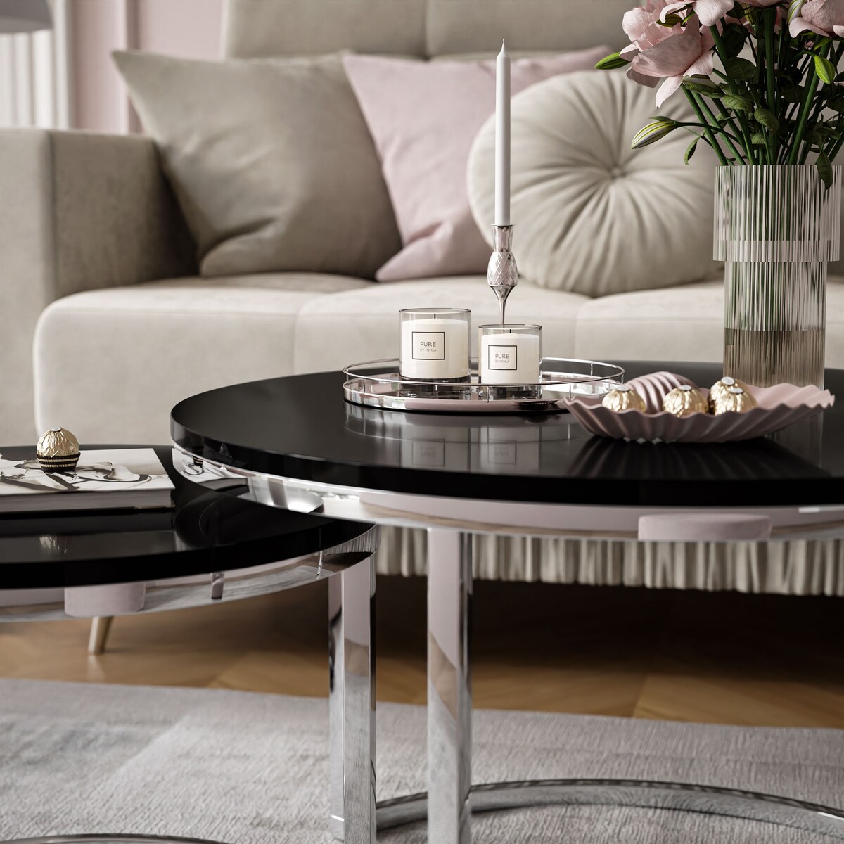 Okrągła ława 2w1 CIRI chrom czarny połysk