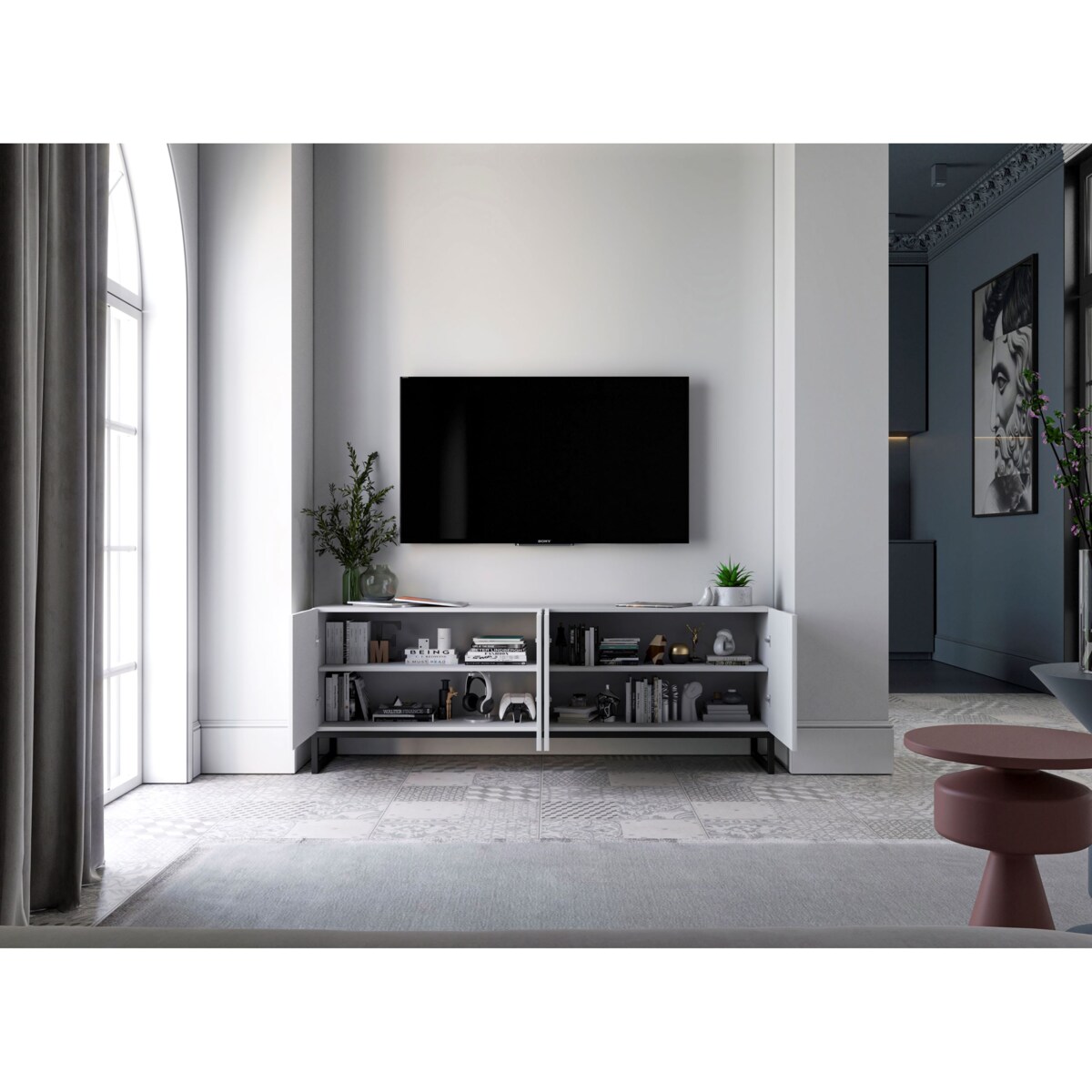 Szafka RTV Glamour Nowoczesna Komoda RTV Ryflowane Fronty Loft Biały Mat 300 cm