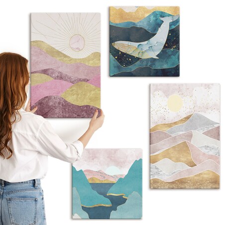 Zestaw 4 obrazów na płótnie - Abstrakcyjne góry słońce - turkusowy