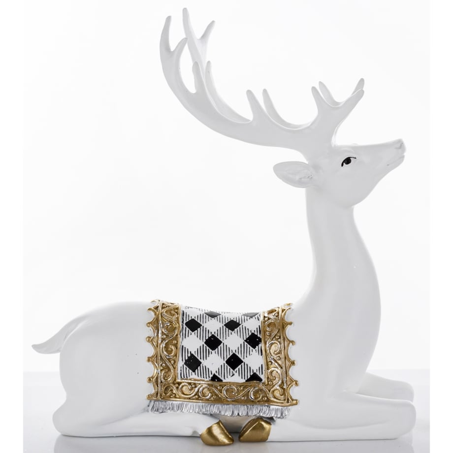 Figurka - leżący jeleń biały 29x27x11,8 cm BALLERA-2 z czaprakiem w szachownicę
