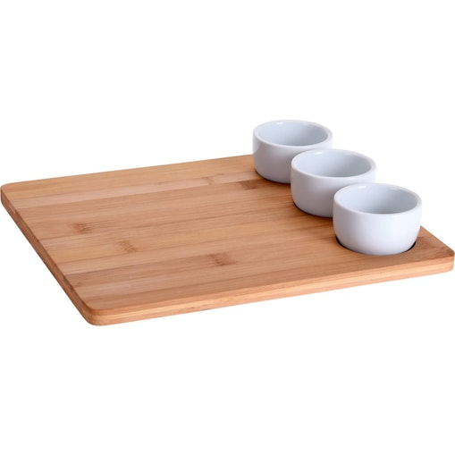Zestaw do serwowania przekąsek, bambusowa taca i 3 miseczki