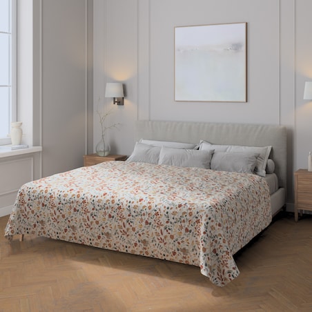 Pled narzuta 220x260cm 220x260 pomarańczowo-zielone kwiaty na kremowym tle