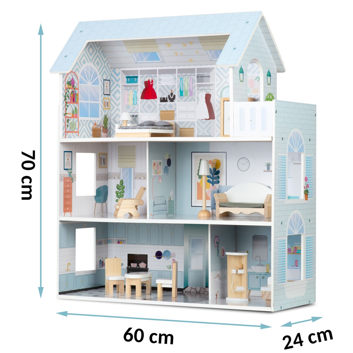 Duży drewniany domek dla lalek niebieski akcesoria Ricokids