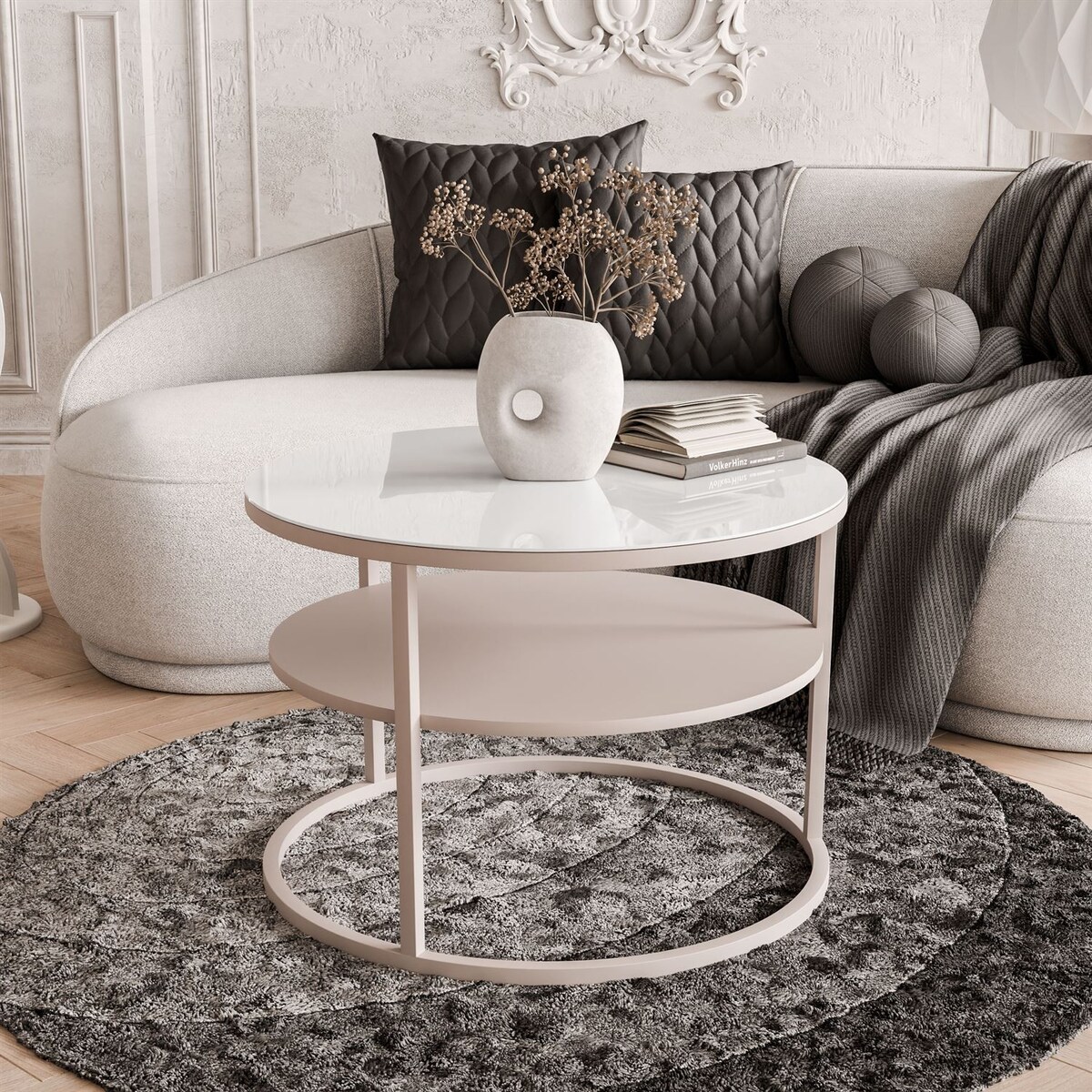 Stolik Kawowy CIRI GLASS KASZMIR z półką, blat białe szkło