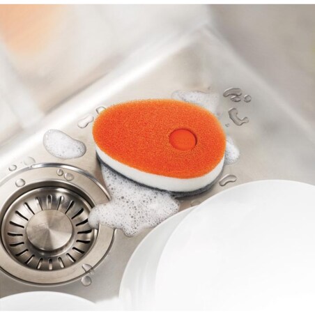 Zestaw 3 gąbek do zmywania z pojemniczkiem na płyn (pomarańczowych) Soapy Sponge Joseph Joseph wycofane