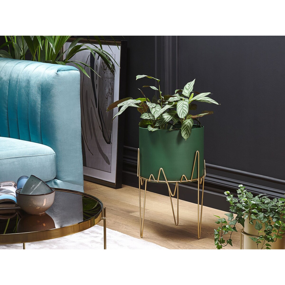 Doniczka na stojaku metalowa 28 x 28 x 50 cm zielono-złota KALANDRA