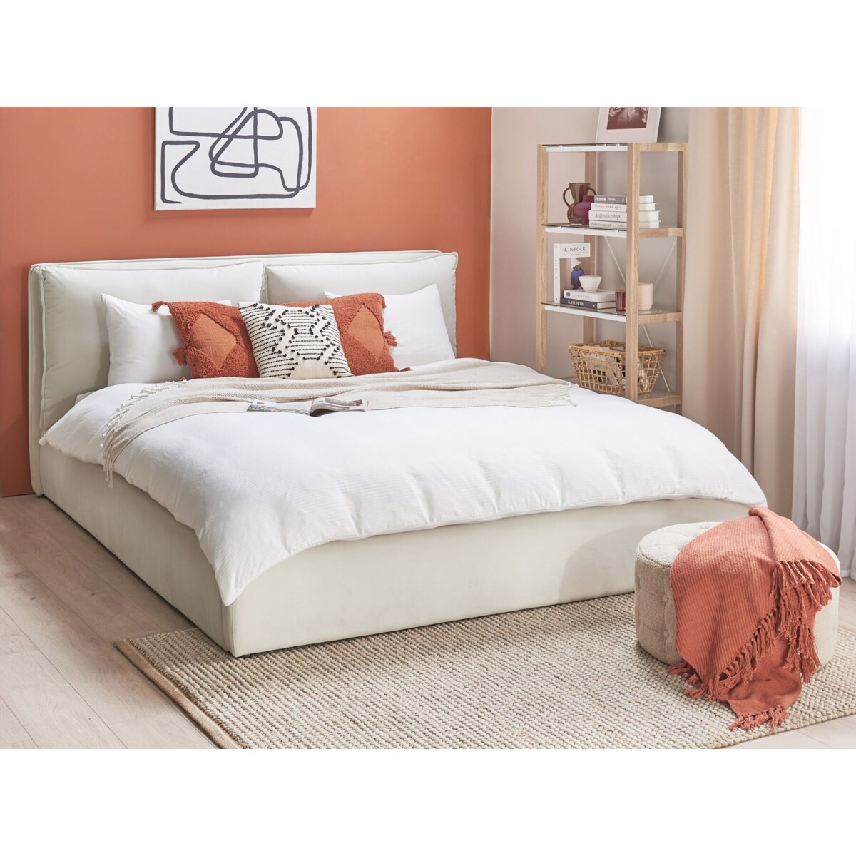 Łóżko z pojemnikiem welurowe 180 x 200 cm złamana biel BAJONNA