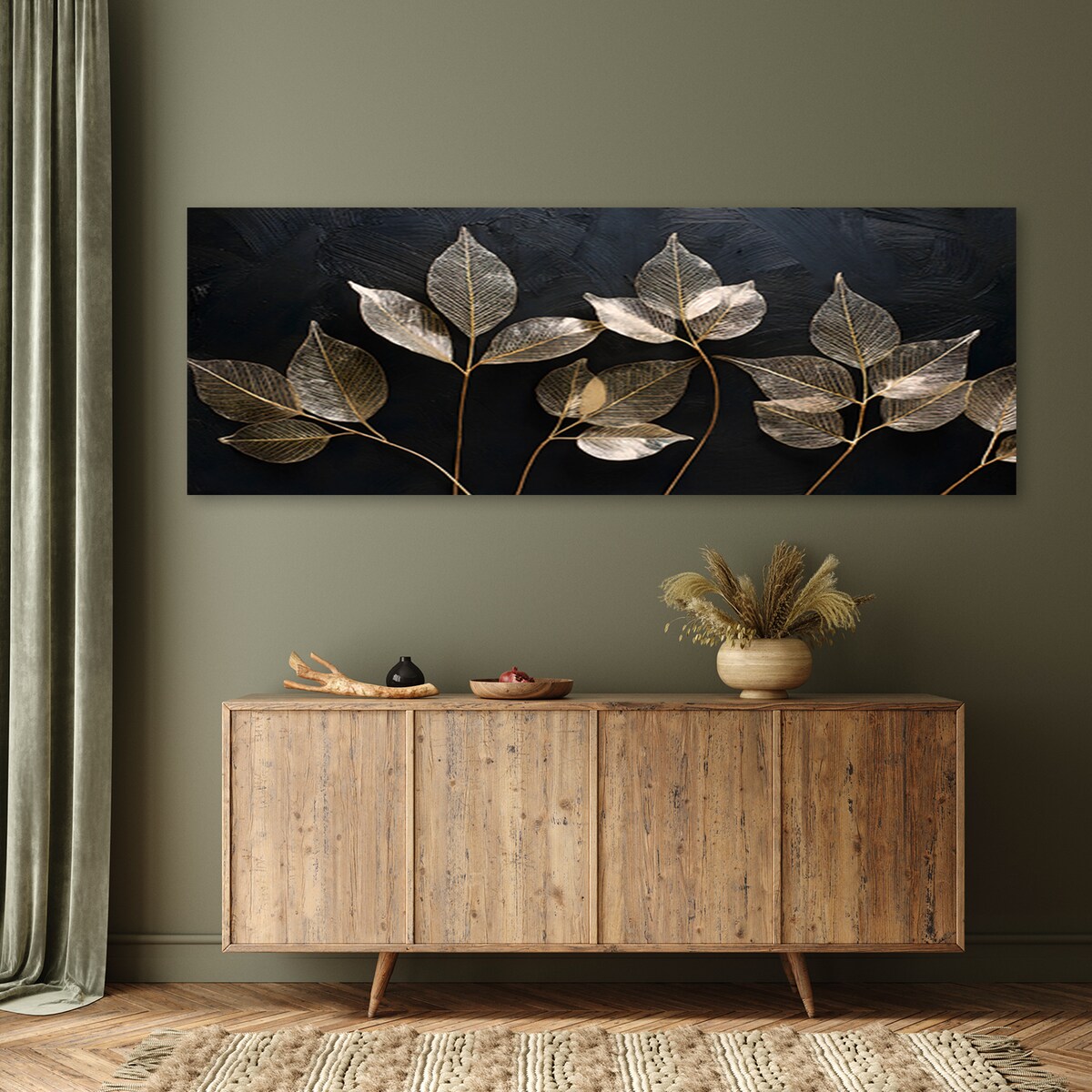 Stylowe Obrazy do salonu Minimalizm Liście Rośliny Glamour Abstrakcja 120x40