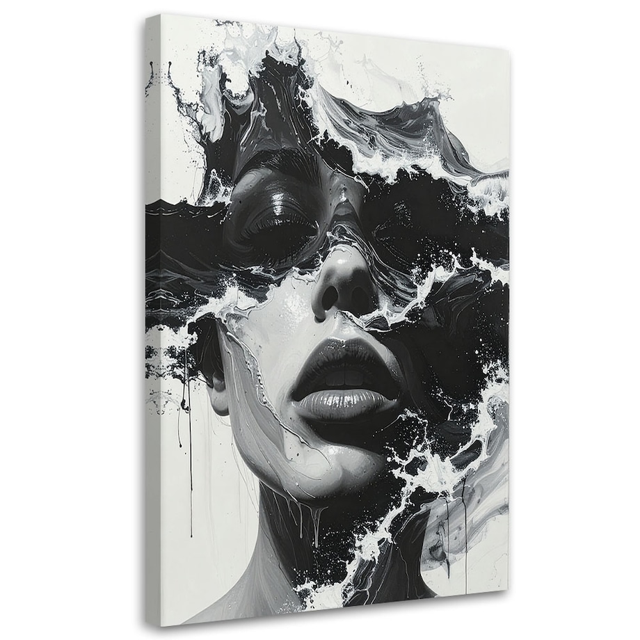 Obraz do salonu sypialni, Portret kobiety czarno biały w stylu artystycznym fale morskie 70x100 cm