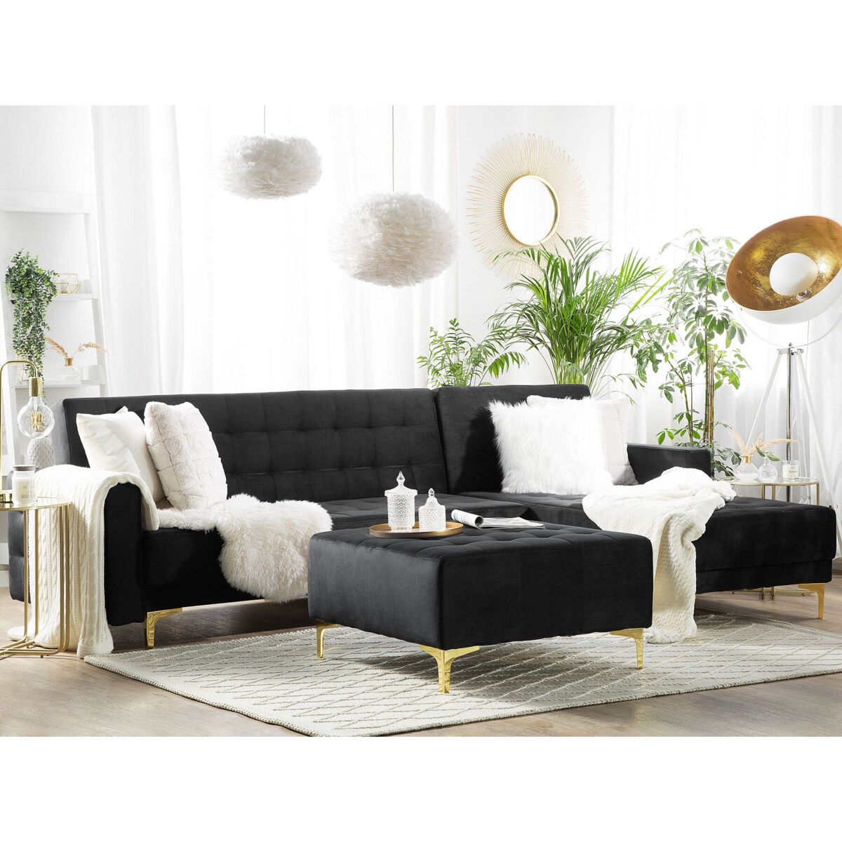 Narożnik rozkładany 4-osobowy z otomaną welurowy lewostronny czarny ABERDEEN