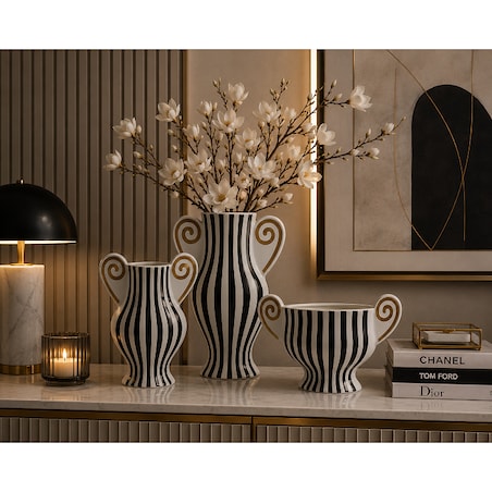 Wazon ceramiczny w paski biało-czarne 22,5x33x9,5 cm KALI waza