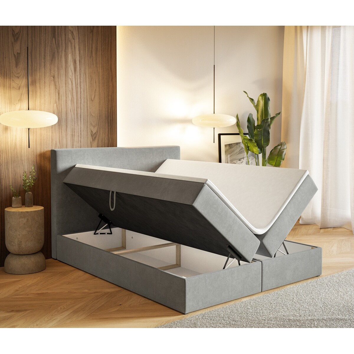 Łóżko kontynentalne G2 do sypialni 140x200 z pojemnikiem i materacem- szare