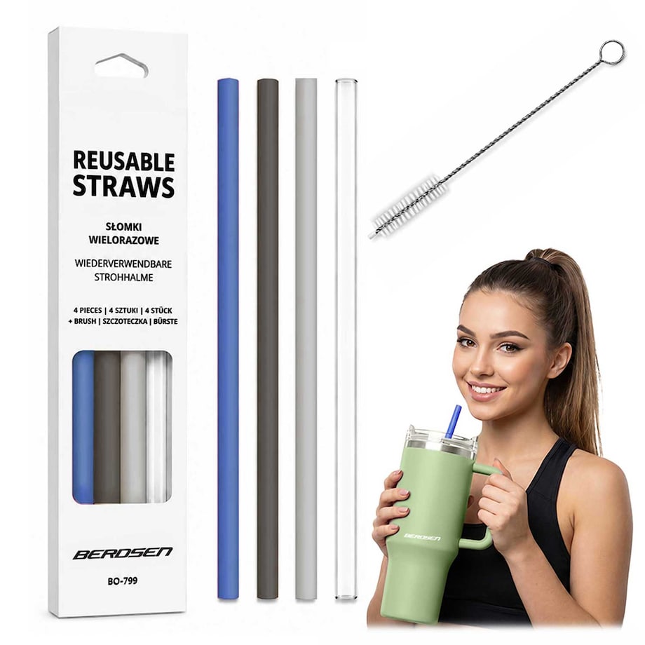 Słomki do kubka Berdsen plastikowe wielorazowe zestaw 4 szt + szczoteczka
