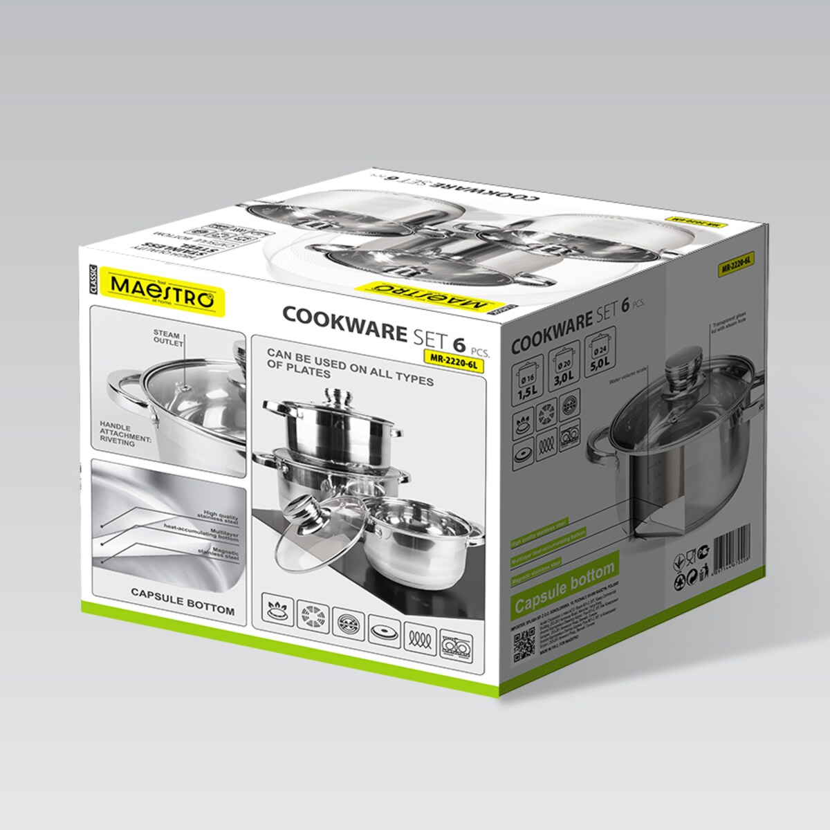 Zestaw garnków garnki komplet 6-ele 1.5L / 3L / 5L MAESTRO