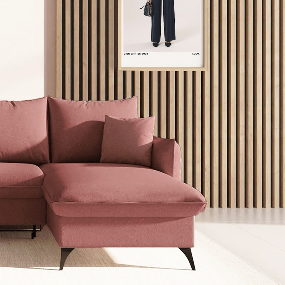 Brim Sofa narożna prawa z funkcją spania i pojemnikiem prawa różowa