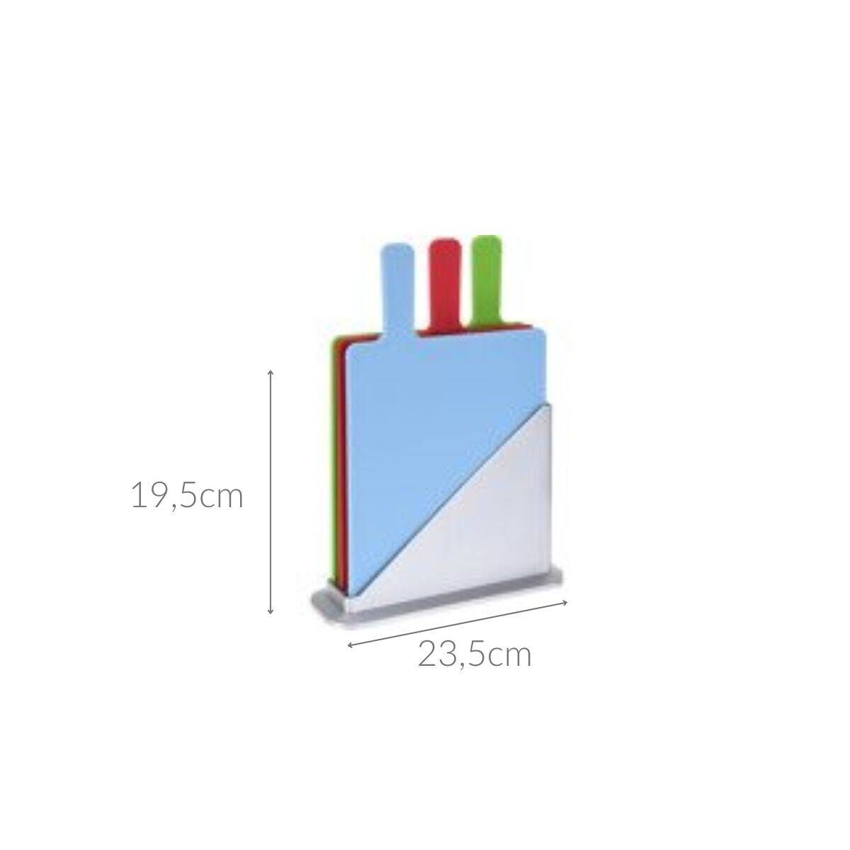 3 prostokątne deski do krojenia + srebrny stojak, każda deska z indeksem
