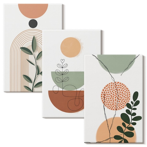 Zestaw 3 małych obrazów na płótnie - Abstrakcyjne roślinne kształty boho - beżowy