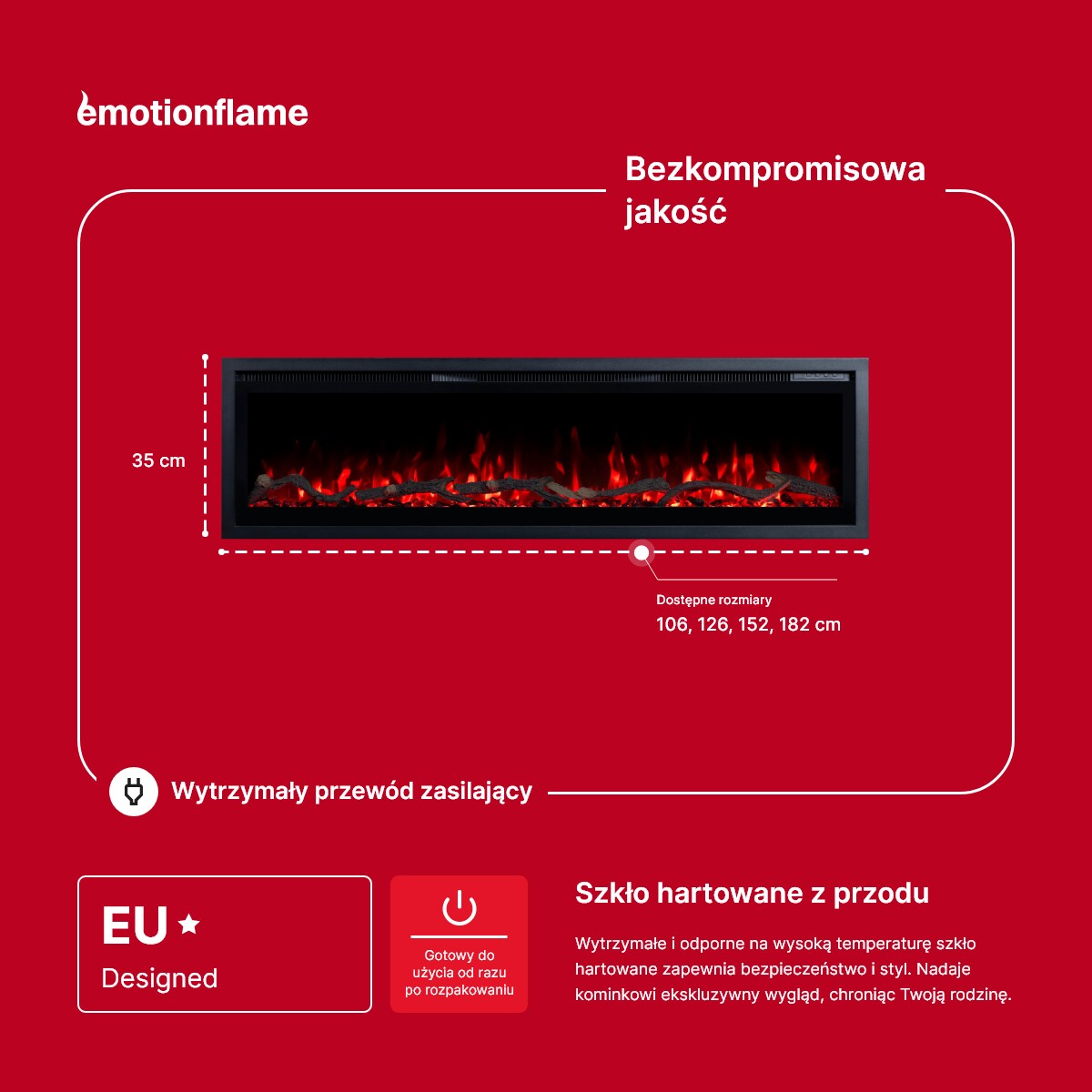 Kominek elektryczny Emotion Flame Regal 126 - ścienny i do zabudowy - 126x35x12 cm - kominek LED z funkcją grzania 900/1800 W