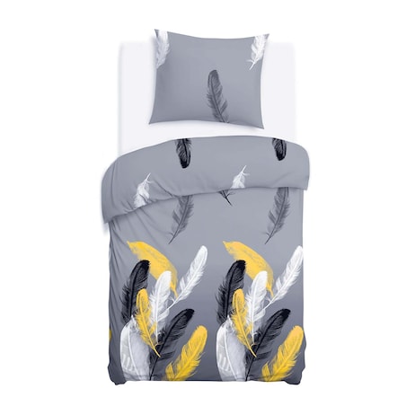 Pościel satyna bawełniana 140x200 Fevola białe i złote pióra na szarym tle, Satynlove