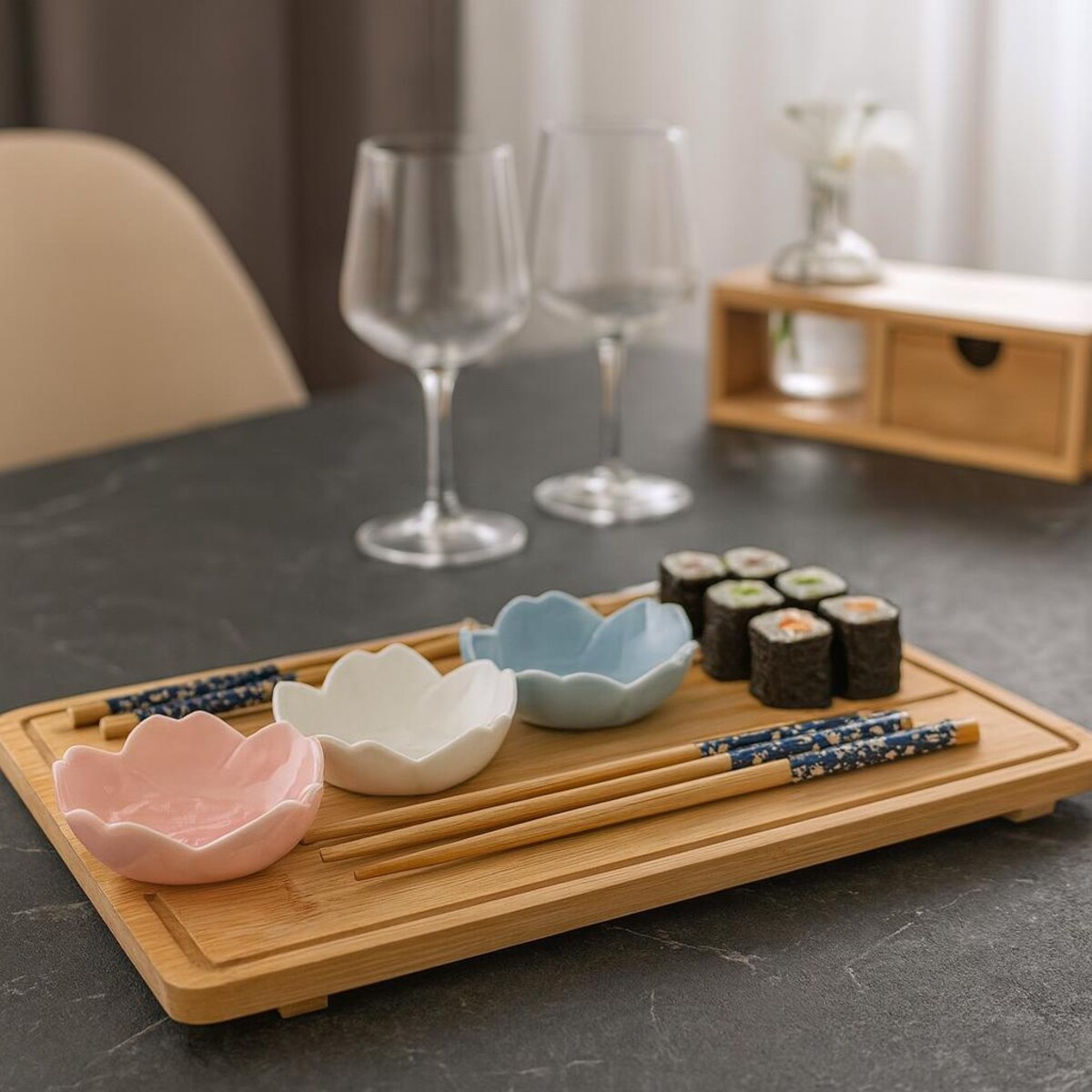 Zestaw do serwowania sushi z 4 porcelanowymi miseczkami