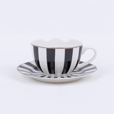SERWIS KAWOWY 6 osób W PASKI biało czarne FILIŻANKA 200ml SPODEK na prezent