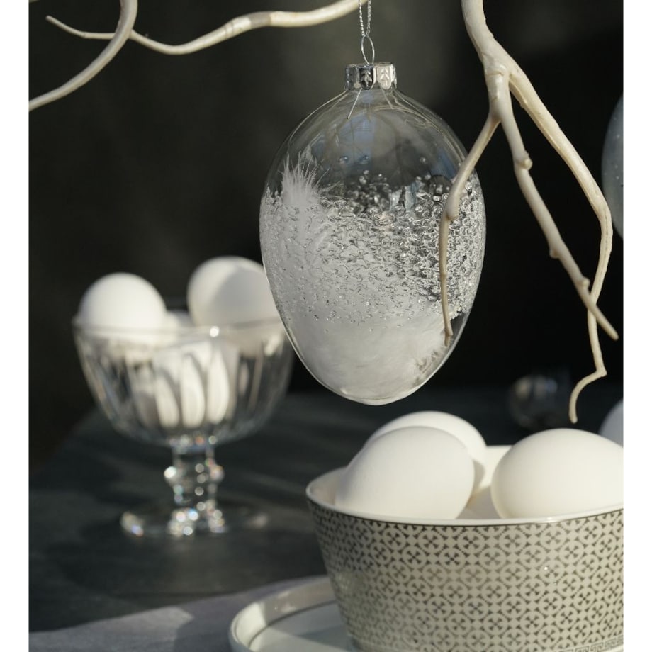 VILLA ITALIA Bombka jajko szklane z białymi piórkami 12 cm