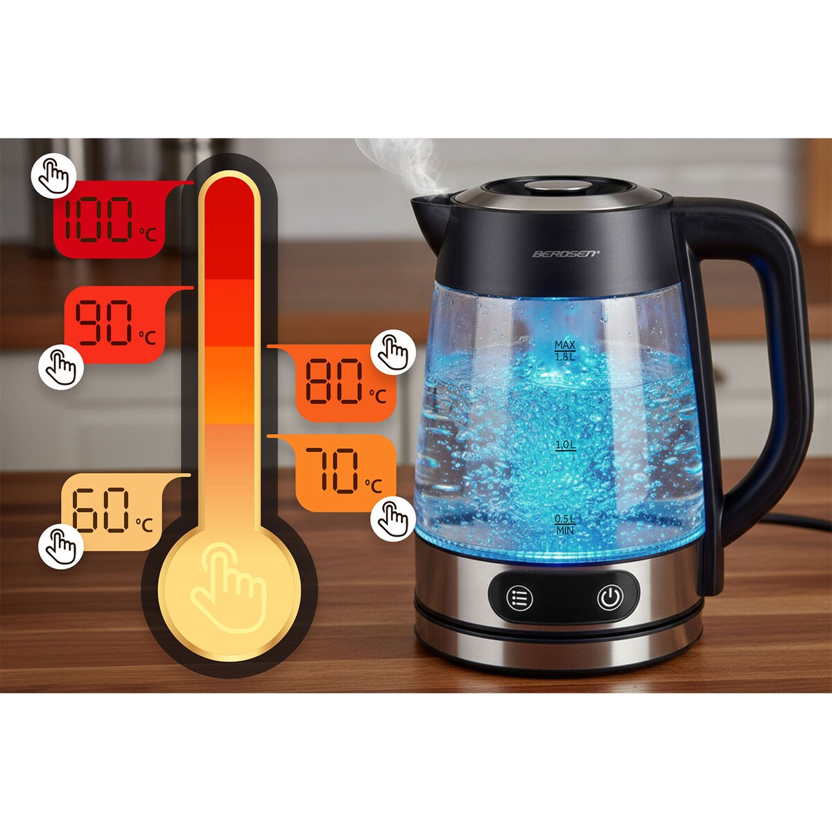 Czajnik elektryczny szklany z regulacja temperatury 1,8l Berdsen 371500