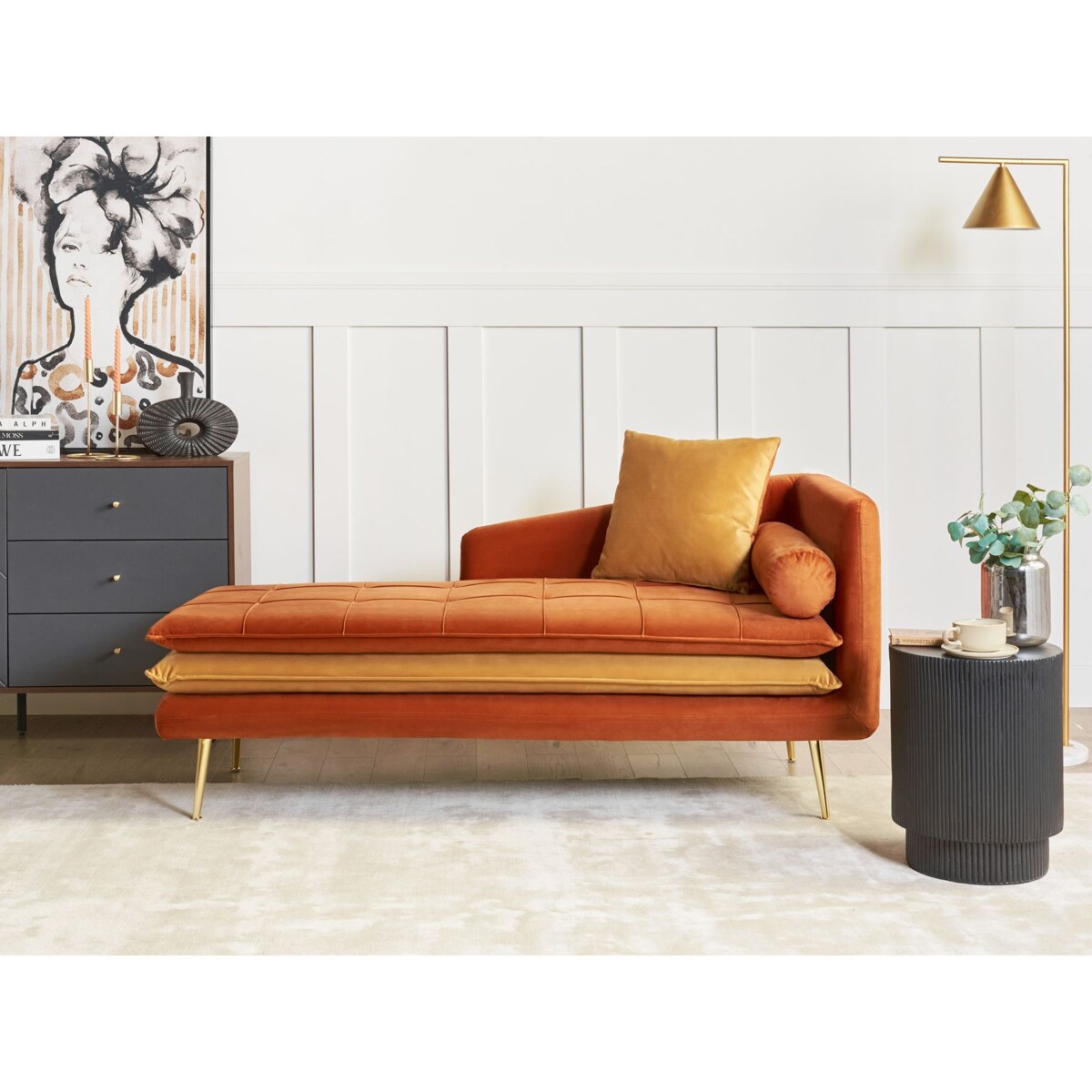 Szezlong welurowy prawostronny pomarańczowy GONESSE