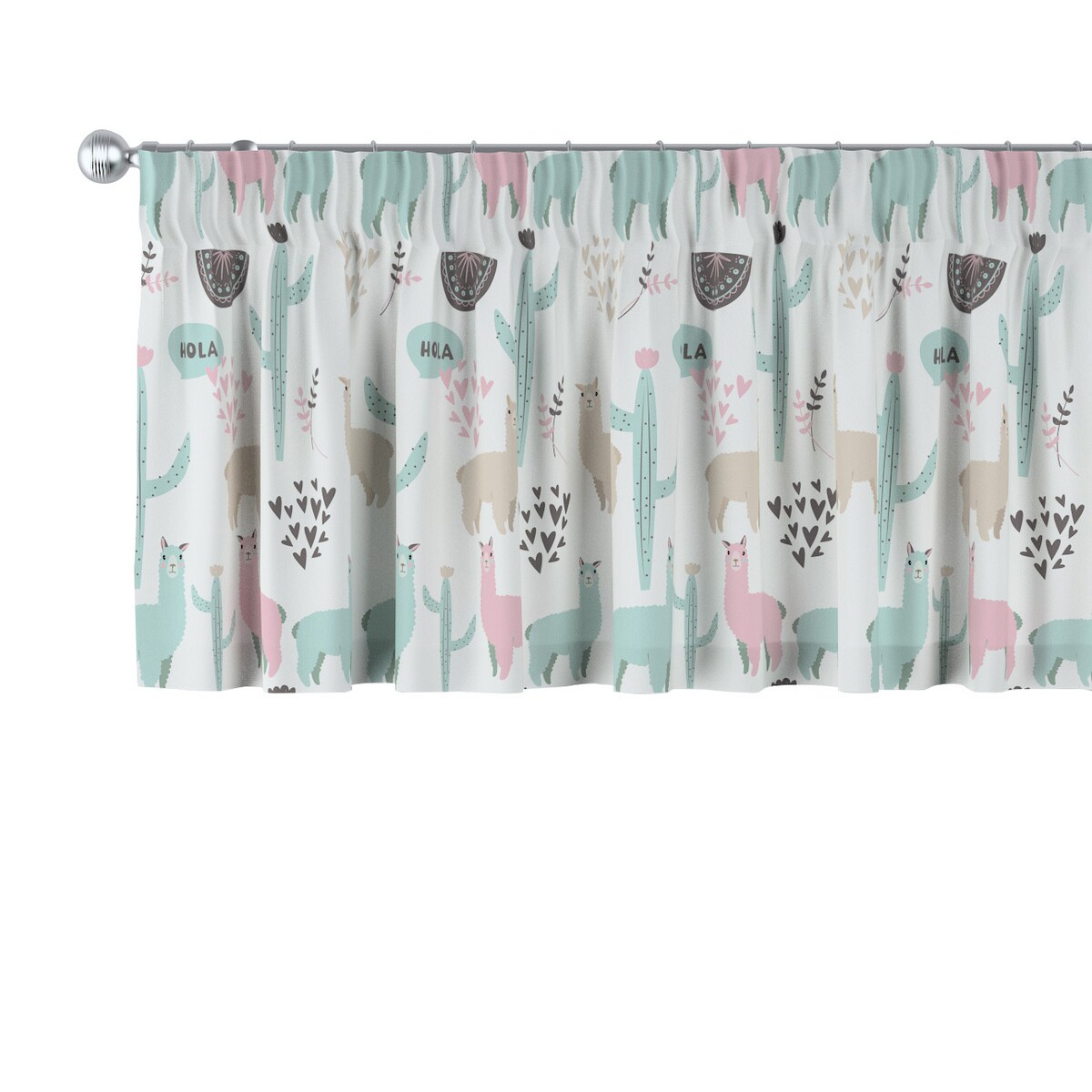 Lambrekin na taśmie marszczącej 390x40 pastelowe lamy na jasnoszarym tle