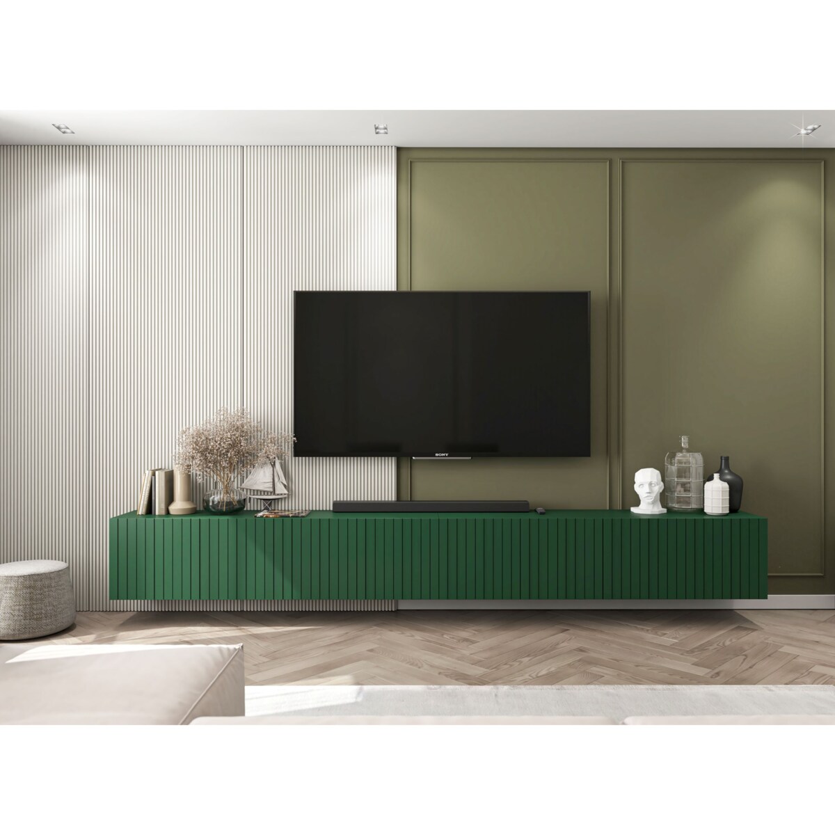 Wisząca Szafka RTV Glamour Nowoczesna Komoda RTV Butelkowa Zieleń 300 cm