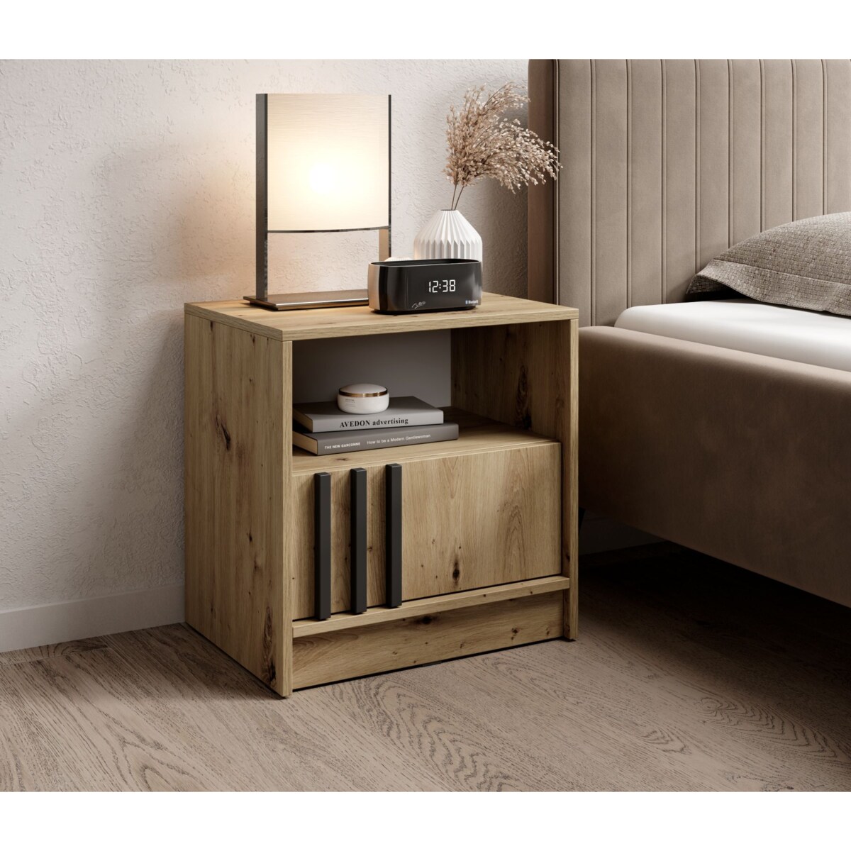 Szafka nocna KELLY z szufladą i półką oraz uchwytem z lameli, Dąb Artisan
