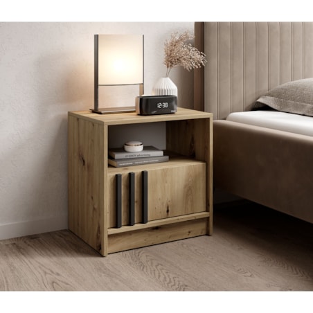 Szafka nocna KELLY z szufladą i półką oraz uchwytem z lameli, Dąb Artisan