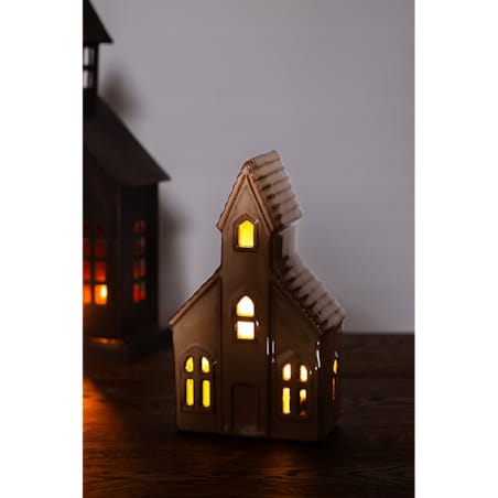 LAMPION ŚWIĄTECZNY KOŚCIÓŁ LED ceramiczny beżowy wys. 18cm