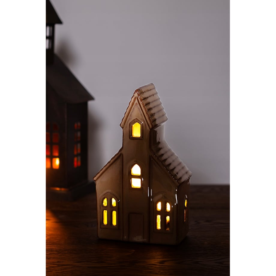 LAMPION ŚWIĄTECZNY KOŚCIÓŁ LED ceramiczny beżowy wys. 18cm