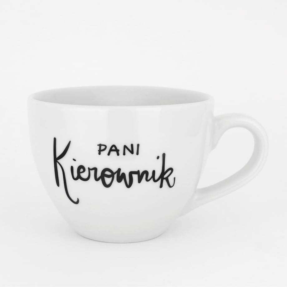 Biały kubek porcelanowy 500 ml - napis pani kierownik dla szefowej na dzień szefa